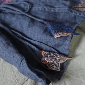 Short Sleeve  Embroidered Leaf Blouse Ramie Tied Ladies Shirt