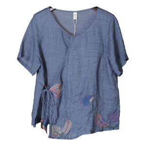 Short Sleeve  Embroidered Leaf Blouse Ramie Tied Ladies Shirt