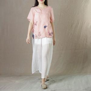 Short Sleeve  Embroidered Leaf Blouse Ramie Tied Ladies Shirt