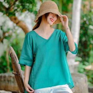 V-Neck Chinese Buttons Oversized Shirt Ramie Vintage Blouse