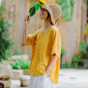 V-Neck Chinese Buttons Oversized Shirt Ramie Vintage Blouse