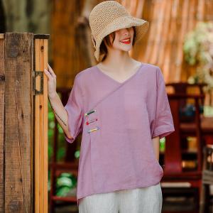 V-Neck Chinese Buttons Oversized Shirt Ramie Vintage Blouse