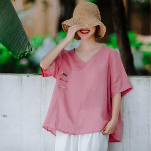 V-Neck Chinese Buttons Oversized Shirt Ramie Vintage Blouse