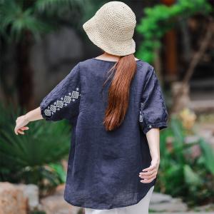 Puff Sleeve Embroidered Blouse Summer Loose Linen Outfits