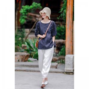 Puff Sleeve Embroidered Blouse Summer Loose Linen Outfits