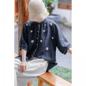 Daisy Embroidered Linen Shirt Button Down Large Casual Blouse