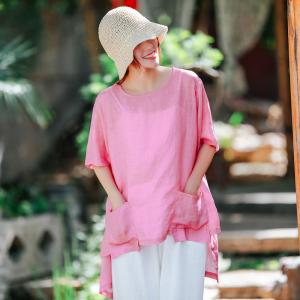 Bright Colored Asymmetrical Tunic Linen Sheer Blouse for Women