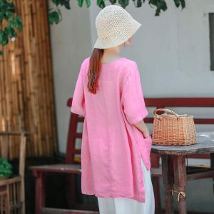 Bright Colored Asymmetrical Tunic Linen Sheer Blouse for Women