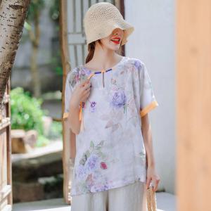 Chinese Style Printed Qipao Shirt Short Sleeves Linen Ethnic Clothes