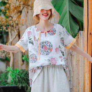 Chinese Style Printed Qipao Shirt Short Sleeves Linen Ethnic Clothes