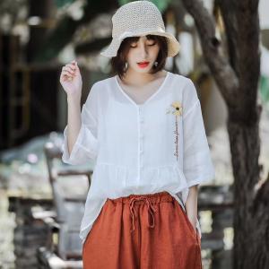 V-Neck Loose Sheer Blouse Pankou Decoration Flowers Embroidered Shirt