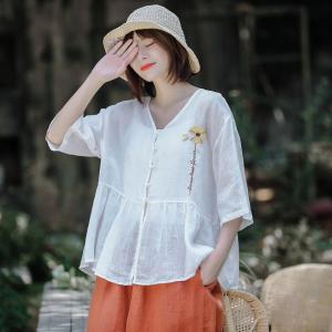 V-Neck Loose Sheer Blouse Pankou Decoration Flowers Embroidered Shirt