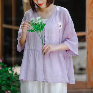 V-Neck Loose Sheer Blouse Pankou Decoration Flowers Embroidered Shirt