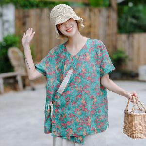 Short Sleeve Slanted Belted Shirt Loose Linen Resort Wear