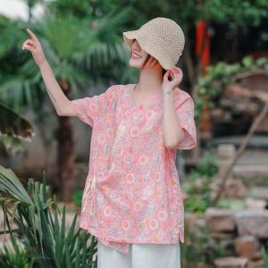 Short Sleeve Slanted Belted Shirt Loose Linen Resort Wear