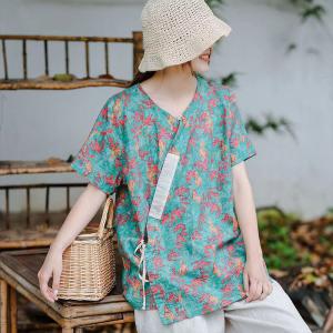 Short Sleeve Slanted Belted Shirt Loose Linen Resort Wear