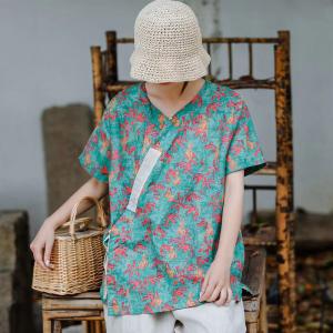 Short Sleeve Slanted Belted Shirt Loose Linen Resort Wear