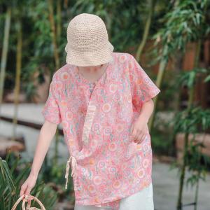 Short Sleeve Slanted Belted Shirt Loose Linen Resort Wear