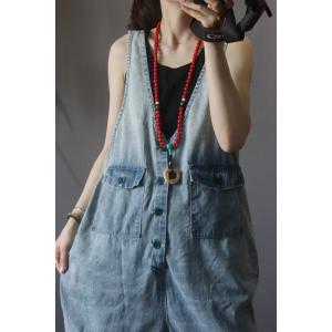 Plunging Neck Baggy 90s Overalls Ripped Blue Denim Shortall