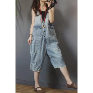 Plunging Neck Baggy 90s Overalls Ripped Blue Denim Shortall