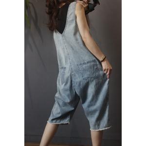 Plunging Neck Baggy 90s Overalls Ripped Blue Denim Shortall