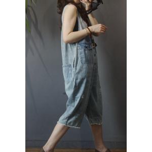 Plunging Neck Baggy 90s Overalls Ripped Blue Denim Shortall