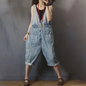 Plunging Neck Baggy 90s Overalls Ripped Blue Denim Shortall