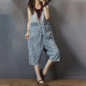 Plunging Neck Baggy 90s Overalls Ripped Blue Denim Shortall