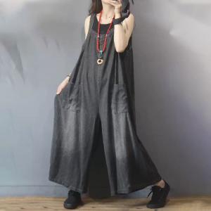 Straight Pockets Sleeveless Long Jeans Plus Size Wide Leg Overalls