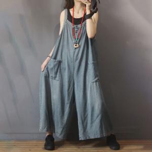 Straight Pockets Sleeveless Long Jeans Plus Size Wide Leg Overalls