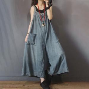 Straight Pockets Sleeveless Long Jeans Plus Size Wide Leg Overalls