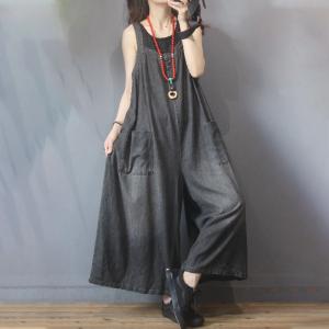 Straight Pockets Sleeveless Long Jeans Plus Size Wide Leg Overalls