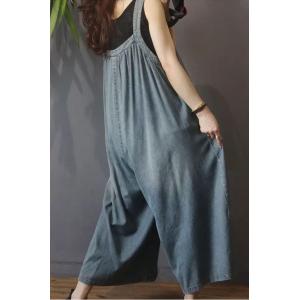 Straight Pockets Sleeveless Long Jeans Plus Size Wide Leg Overalls