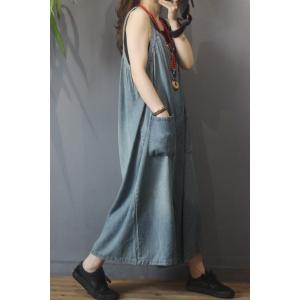 Straight Pockets Sleeveless Long Jeans Plus Size Wide Leg Overalls