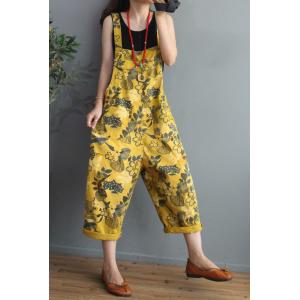 Leaf and Flowers Cotton Overalls Loose-Fit Yellow Dungarees for Women