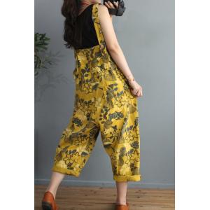 Leaf and Flowers Cotton Overalls Loose-Fit Yellow Dungarees for Women