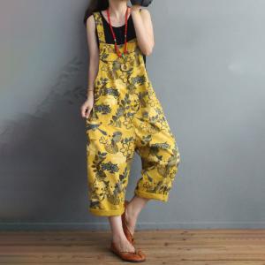 Leaf and Flowers Cotton Overalls Loose-Fit Yellow Dungarees for Women