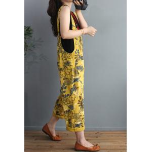 Leaf and Flowers Cotton Overalls Loose-Fit Yellow Dungarees for Women