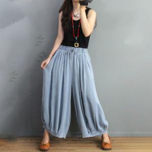 Light Denim Comfortable Wide Leg Jeans Plain Drawstring Palazzo Pants