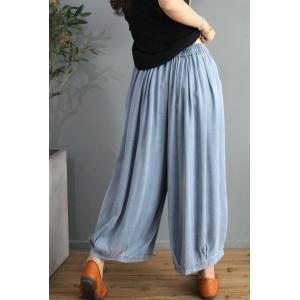 Light Denim Comfortable Wide Leg Jeans Plain Drawstring Palazzo Pants