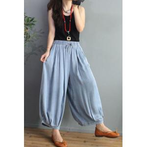 Light Denim Comfortable Wide Leg Jeans Plain Drawstring Palazzo Pants