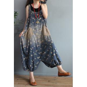 Brown Pockets Floral Overalls Loose Daisy Balloon Pants