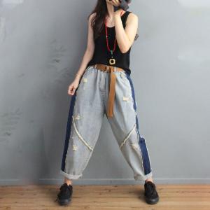 Contrast Colored Baggy Ripped Jeans Casual Korean Cuffed Jeans