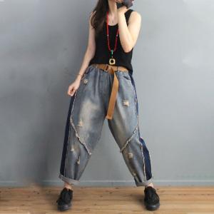 Contrast Colored Baggy Ripped Jeans Casual Korean Cuffed Jeans