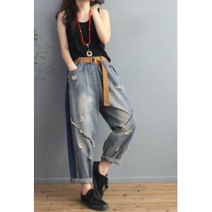 Contrast Colored Baggy Ripped Jeans Casual Korean Cuffed Jeans