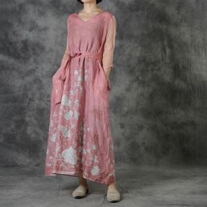 Silk Sleeves Printed Red Dress Loose Ramie Tied Dress