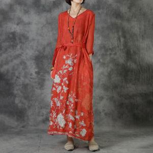 Silk Sleeves Printed Red Dress Loose Ramie Tied Dress