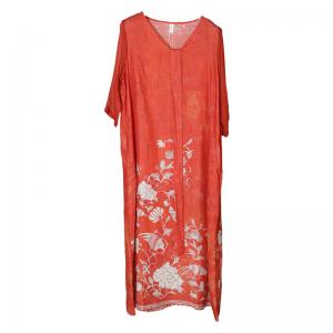 Silk Sleeves Printed Red Dress Loose Ramie Tied Dress