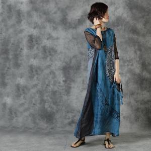 Black Sleeves Totem Pattern Blue Dress Ramie Tied Shift Dress