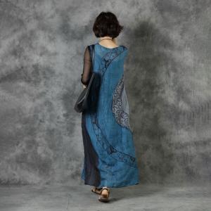 Black Sleeves Totem Pattern Blue Dress Ramie Tied Shift Dress